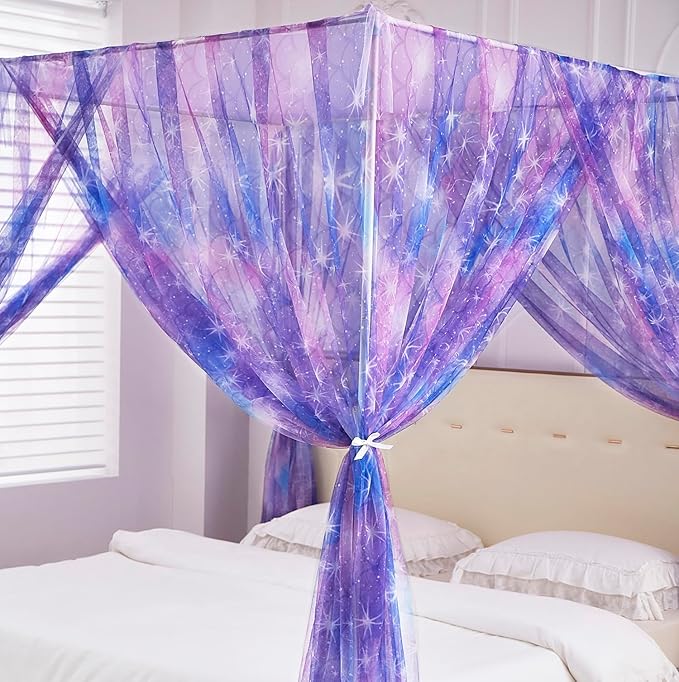 Mengersi Tie Dye Canopy Bed Curtains with Lights,Gradient Ombre Bed Canopy for Girls,Canopy for Bed Princess Bed Drapes for Girls Room Decor(King,Purple)