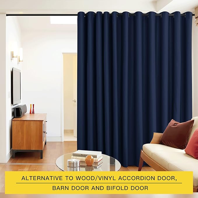 NICETOWN Room Dividers Curtains Screens Partitions, Premium Heavyweight Laundry Divider for Office, Vintage and Sliding, Including 16 Silver Ring Top (1 Panel, 20ft Wide x 7ft Long, Navy)