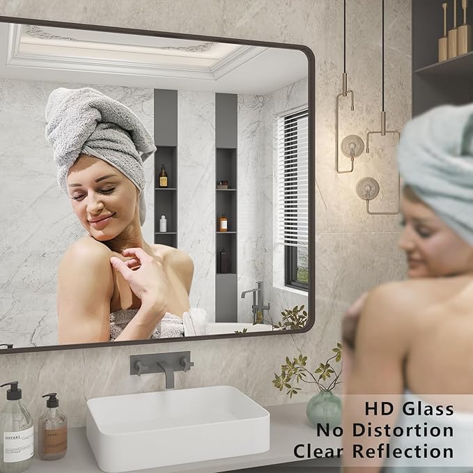 44x36 Bronze Bathroom Mirror, Brushed Metal Bathroom Vanity Mirrors for Wall, Rounded Corner Bronze Rectangle Mirror for Farmhouse, Bedroom, Anti-Rust (Horizontal/Vertical)