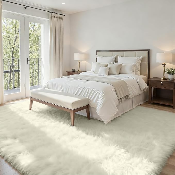 5x7 Fluffy Shag Area Rugs for Living Room Bedroom: Soft Carpet Cream White | - Image 2