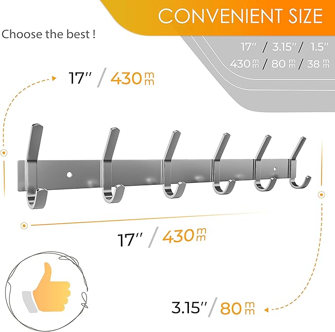 Coat Rack Wall Mount – Brushed Nickel 17 Inch Stainless Steel Hook Rail with 6 Heavy Duty Double Coat Hooks – Wall Mounted Coat Hanger for Entryway, Bathroom, Bedroom, Towel, Hat Organizer - 4 Pack