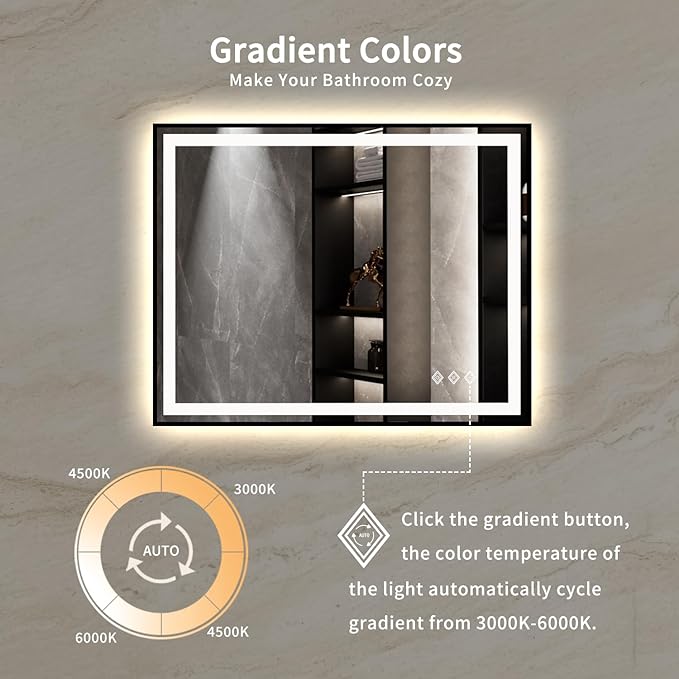 LED Mirror, 40x32 Inch Black Framed Gradient Front and Backlit Bathroom Mirror with Lights, 3 Colors Dimmable CRI>90, IP54 Enhanced Anti-Fog Wall Mounted LED Bathroom Mirror