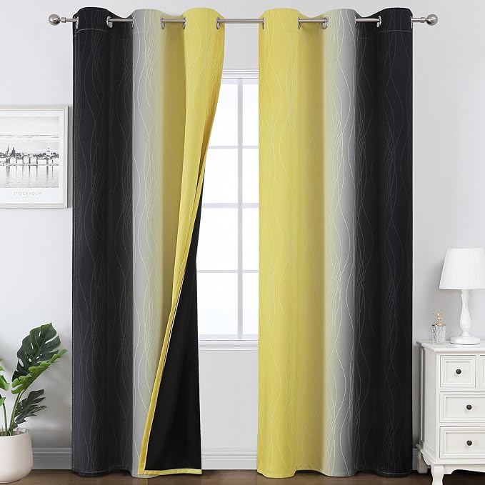 Black and Yellow Ombre Blackout Curtains 84 Inches Long | Room Darkening by ESTELARTEXTILER