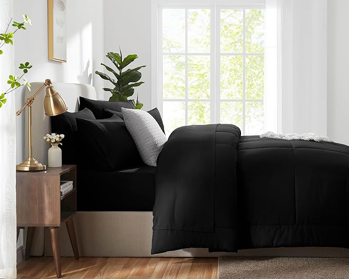 CozyLux Oversized Queen Comforter Sets Black, 7 Pieces Bed in a Bag, Ultra-Soft All Season Bedding Sets with Stitch Quilted Comforter, Flat Sheet, Fitted Sheet, Pillowcases, Black