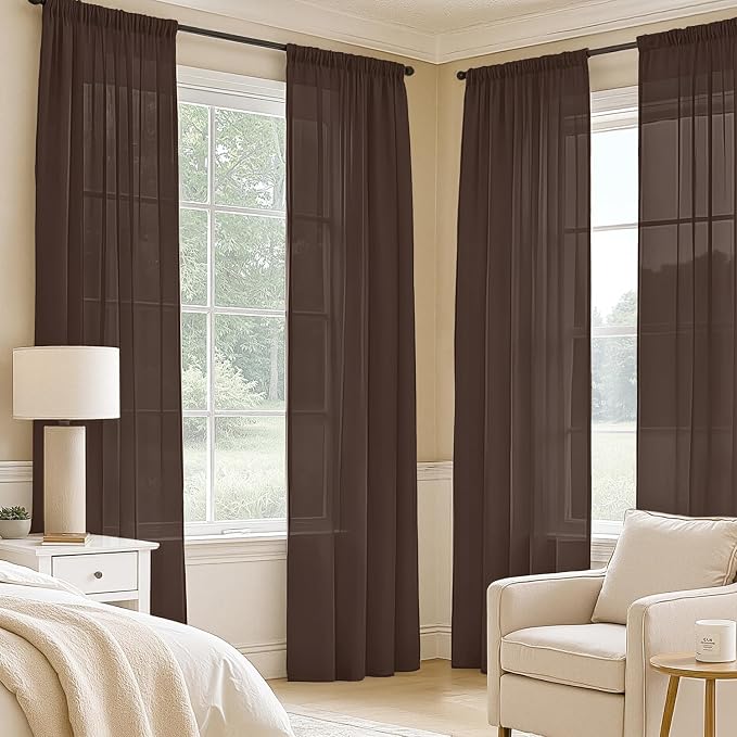 MIULEE Chocolate Sheer Curtains 90 Inches Long 4 Panels 42 x 90 Inches | Light - Image 2