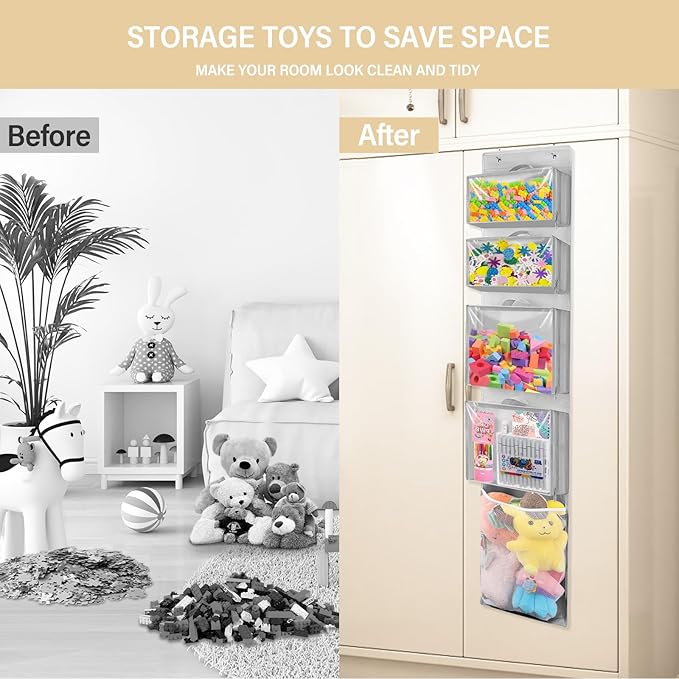 Hanging Toy Storage over Door, Block Stuffed Animal Organizer Idea with 4 Removable Case Bag, Bi-Fold Closet Holder with Mesh Pocket for Kid Boy Girl