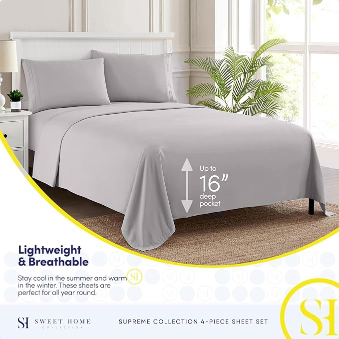 California King Sheet Sets - Breathable Luxury Sheets with Full Elastic & Secure Corner Straps Built In - 1800 Supreme Collection Cal King Deep Pocket Bedding Set, Sheet Set, California King, Silver