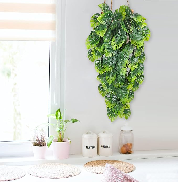 RECUTMS Artificial Hanging Plants 2 Pack, Fake Monstera Leaves Ivy Vine Faux Greenery UV Resistant Outdoor Tropical Palm Leaf Plant for Garden Home Jungle Hawaiian Luau Party Spring Summer Décor