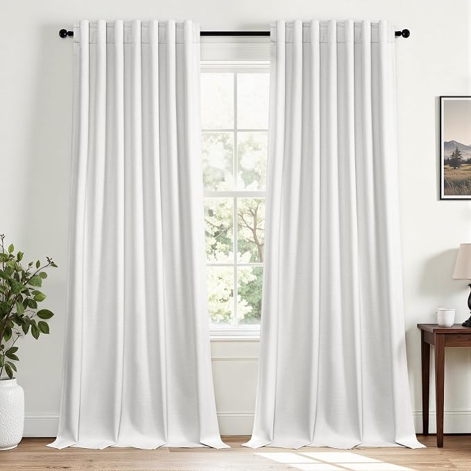 Topfinel White Linen Blackout 96 Inch Curtains by Topfinel