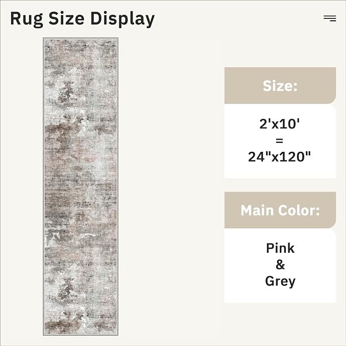 Soalmost Abstract Runner Rug 2x10 Hallway Kitchen Runners Pink/Grey | Vintage - Image 5