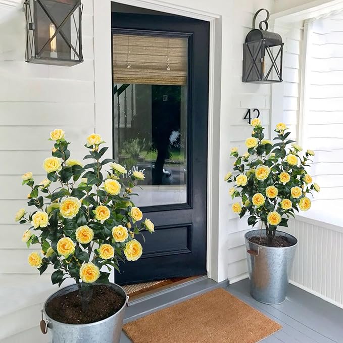 3.6FT Artificial Camellia Fake Tree, Artificial Plants & Flowers with 32 Yellow Flowers for Door Front Decoration Porch Patio Living Room Office Indoor Outdoor Decoration (Contains Dried Moss)