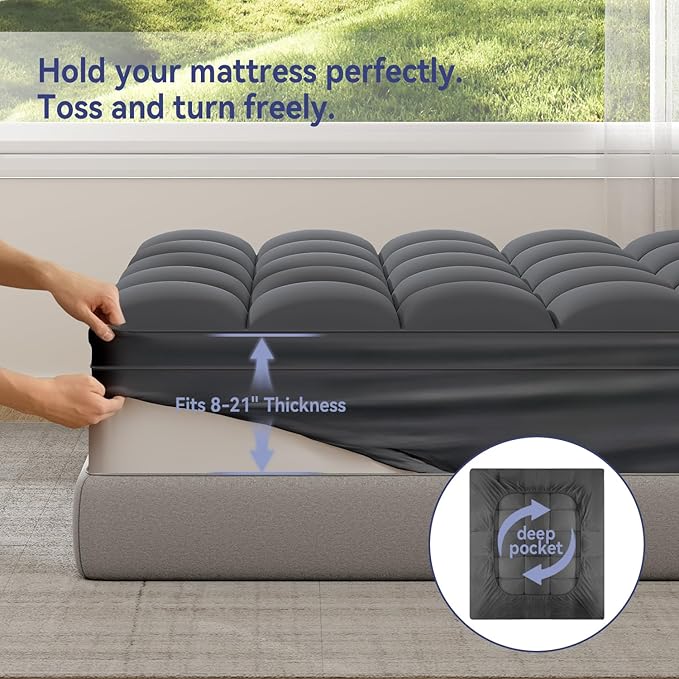 ELEMUSE Cal King Grey Mattress Topper for Back Pain, Extra Thick Mattress Pad Cover, Plush Soft Pillowtop with Elastic Deep Pocket, Overfilled Down Alternative Filling