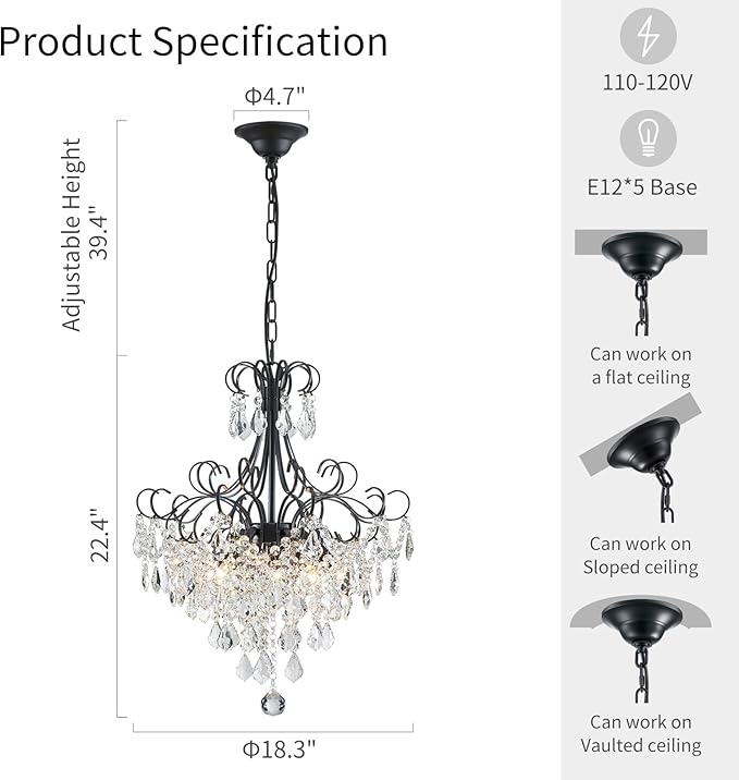 WUZUPS Crystal Chandelier 5-Light Pendant Ceiling Light Modern Lighting Fixture for Dining Room Hallway Bedroom Kitchen Bathroom, H 22.4" x W 18.3", E12 Base, Black