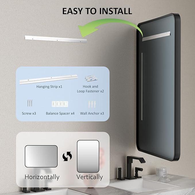 40×30 Black Vanity Mirror for Over Sink - Rectangular Bathroom Mirrors for Wall with Tempered-Glass & Rustproof Metal Frame for Restroom, Rounded Corners, Horizontal/Vertical, Explosion Proof