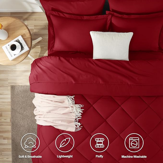 CozyLux King Size Comforter Set Dark Red - 7 Pieces Bed in a Bag King, Luxury Soft Bed Set for All Seasons, Bedding Set with Down Alternative Comforter, Sheets, Pillowcases & Shams