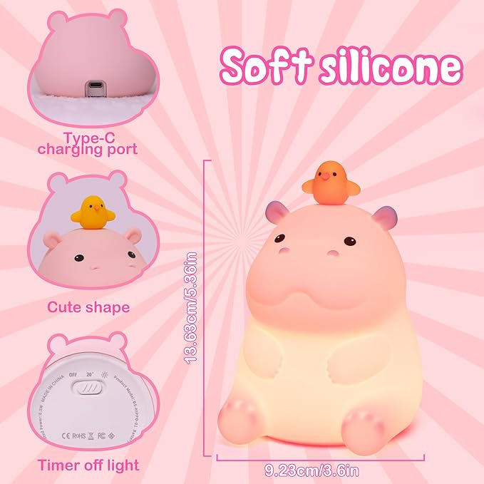 Cute Hippo Gifts for Kids,Pink Hippo Night Light, Dimmable Silicone Animal Nursery Night Light, Adorable Rechargeable Squishy Touch Lamp, Hippopotamus Gifts for Boys Girl Baby Room Decor
