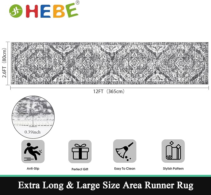 HEBE Hallway Runner Rug 2'8''x12', Washable Non Slip Kitchen Rug Runner | Soft - Image 2