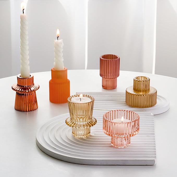 Pink Candlestick Holders 6PCS for Tealight Candle Stick Candles, Ribbed Glass Taper Candle Holders Set, Table Centerpieces for Weddings Christmas Home Decor Indoor and Outdoor