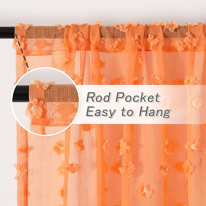 MYSKY HOME Pom Pom Orange Sheer Curtains for Bedroom Girls Room Curtains 72 Inches Long for Nursery Kids Light Filtering Boho Window Drapes, Rod Pocket, 52" Wide, 2 Panels