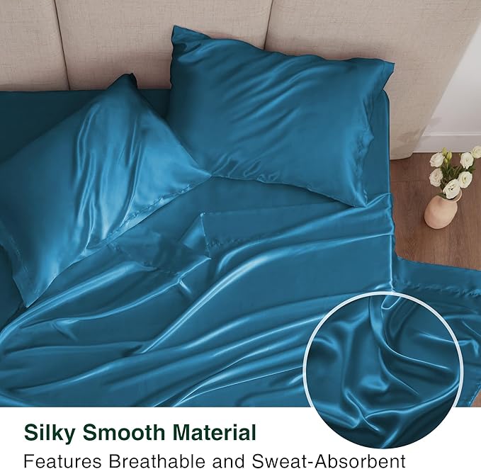 Love's cabin Twin XL Satin Sheet Sets - 3 Piece Teal Silky Bed Sheets with Deep Pockets, Luxury Silk Feel Satin Sheet Set Twin XL (1 Flat Sheet,1 Fitted Sheet,1 Pillow case)
