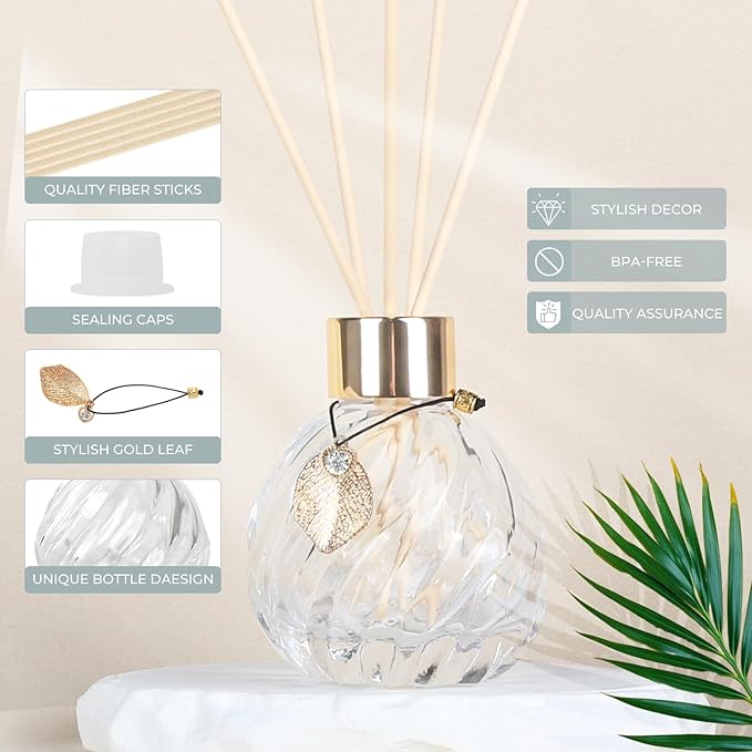 4Pcs Reed Diffuser Set with Metal Golden Decoration, Empty Reed Diffuser Bottles with 20Pcs Reed Diffuser Sticks, Unique Design Bottles for Home and Office(2 Spiky Ellipsoidal+2Twill)