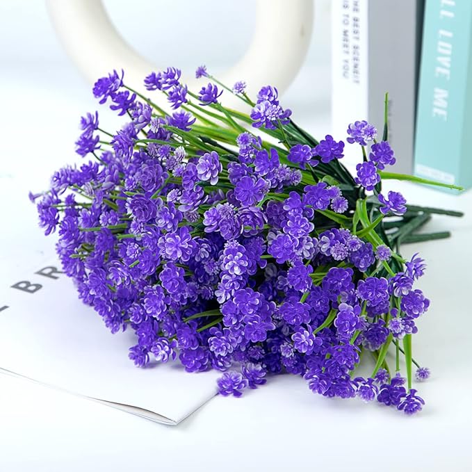 Ouddy Decor 24 Bundles Artificial Flowers for Outdoors UV Resistant Fake Plastic Plants Faux Boston Fern Greenery Stems for Spring Summer Indoor Garden Patio Window Box Kitchen Home Decor, Purple
