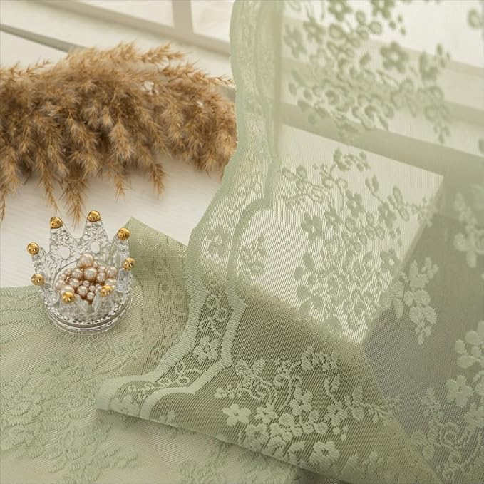 YJ YANJUN Vintage Lace Curtains 63 Inch Length-Elegant Floral Sage Green Sheer - Image 7