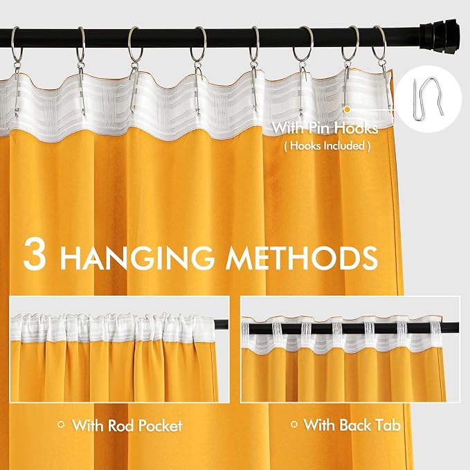 MIULEE Yellow Back Tab Blackout Curtains 52x96 Inch Long 2 Panels Set | Rod - Image 3