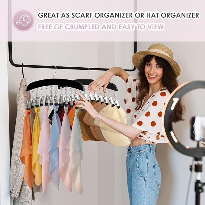 Leggings Hangers, Wooden Closet Hanging Leggings Storage Organizer Scarf Hangers with 24 Clips, 360° Swivel Hook, Black, 2 Pcs