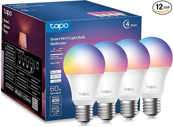 Tapo TP-Link Smart Light Bulbs, 16M Colors RGBW, Dimmable, Compatible with Alexa and Google Home, A19, 60W Equivalent, 800LM CRI>90, 2.4GHz WiFi only, No Hub Required, L530E(Pack of 48)