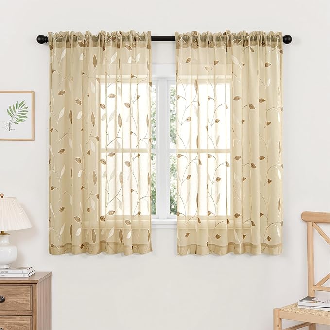 MIULEE Beige Sheer Curtains 2 Panels Embroidered Leaf Patterned, W52 x L54 | by MIULEE