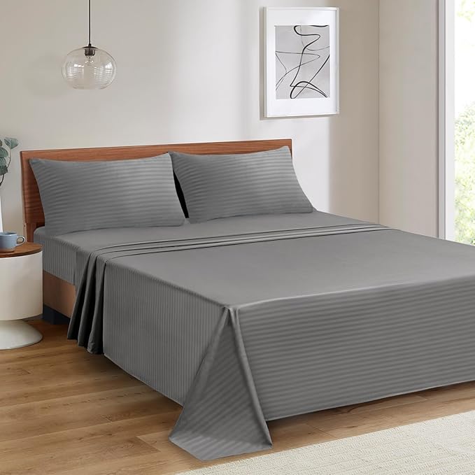 Mejoroom Striped Grey-01 1800 Thread Count Queen Sheet Set - Hypoallergenic, Deep Pocket, Breathable, Wrinkle & Stain Resistant - 4 Piece