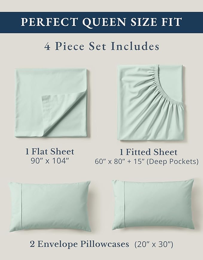 LANE LINEN 100% Organic Cotton Queen Sheets, Fully Elasticized Soft & Comfy Classic Percale Weave, Low Pill Fade Resistant Machine Washable Sheet & Pillowcase Sets, 15" Deep Pocket- Cool Blue