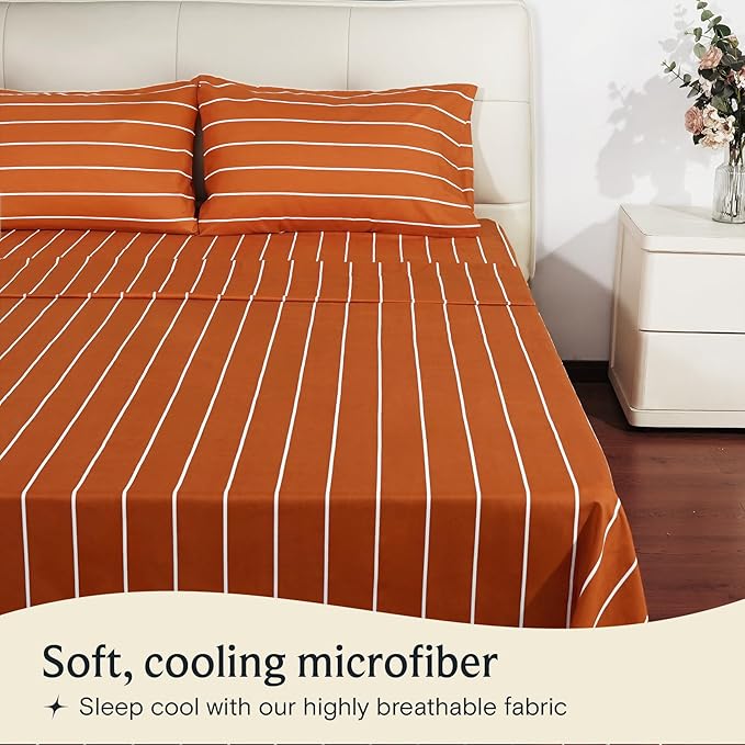 LuxClub 4 PC Sheet Set Bed Sheets Deep Pockets 16" Wrinkle Free Cooling Machine Washable Hotel Bedding Silky Soft - Striped-Autumn Orange King