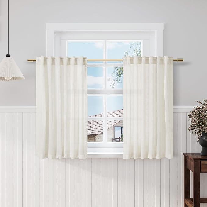 Cream Linen Curtains 45 Inch Length Kitchen Bathroom Back Tab Pocke Semi Sheer by Nanspring