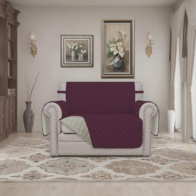 Easy-Going Reversible Couch Cover, Oversized Chair, Wine/Beige | Machine - Image 2