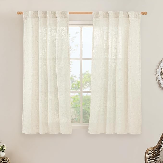 54 inches Long Semi Sheer Linen Curtains 2 Panels, Cream Ivory | Light by LAMIT