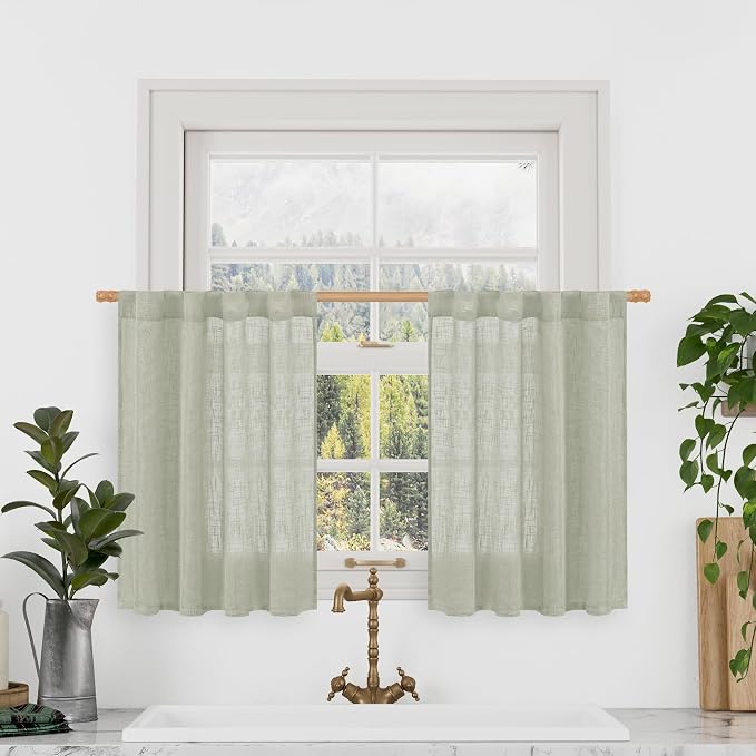 Sage Grey Linen Kitchen Curtains 30 Inch Length by LAMIT