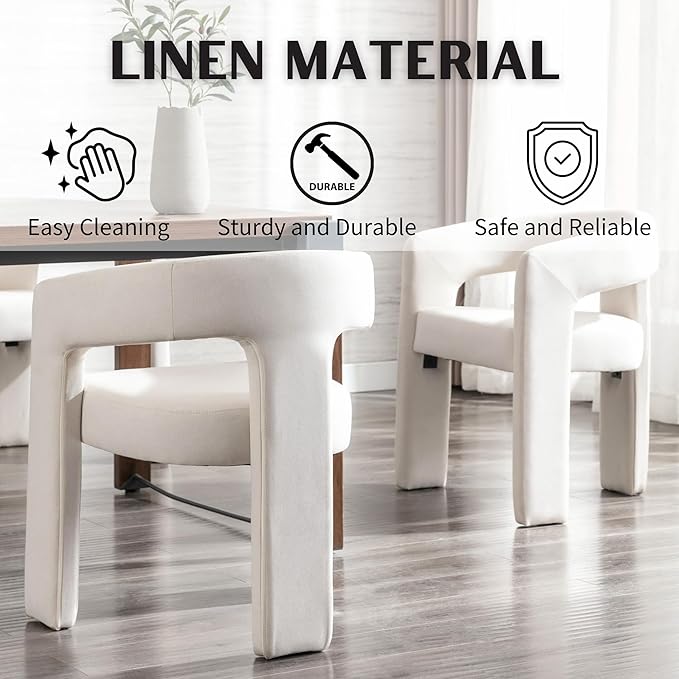 Modern Barrel Dining Chairs Set of 8, Linen Upholstered Accent Side Chair with Arms Comfy Makeup Vanity Chairs, Dining Living Room Kitchen Chairs, Beige