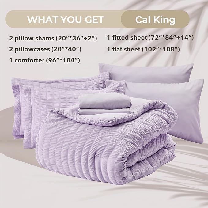 HYMOKEGE Lavender California King Comforter Set Seersucker 7 Pieces, All Season Luxury Bed in a Bag for Bedroom, Bedding Set with Comforters, Sheets, Pillowcases & Shams