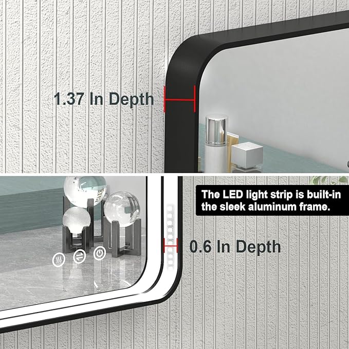 55x32 Inch LED Bathroom Mirror with Lights, Black Metal Framed LED Mirror for Bathroom, 3 Colors and Stepless Dimmable Wall Mounted Lighted Bathroom Vanity Mirror, Anti-Fog, Memory