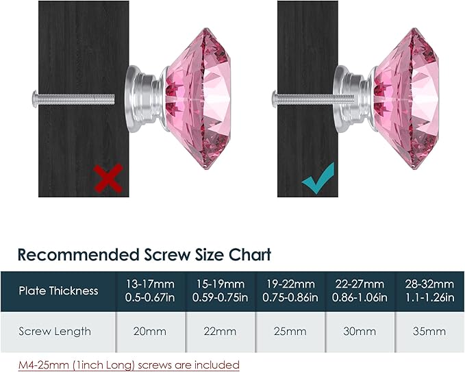Tomorotec 12-Pack 40mm Crystal Pink Glass Cabinet Drawer Pulls, Diamond Drawer/Cupboard Knobs with Screws, Crystal Knobs w/Silver Base, Home Decor for Kitchen, Dresser, Wardrobe, Desk (1.6 in / 40mm)