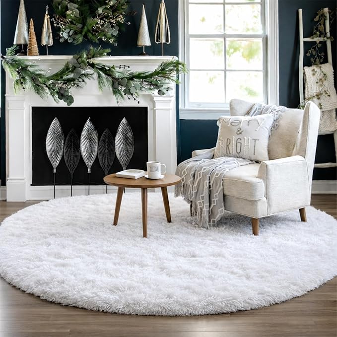 Amdrebio White Fuzzy Round Area Rug 5Ft - Image 3