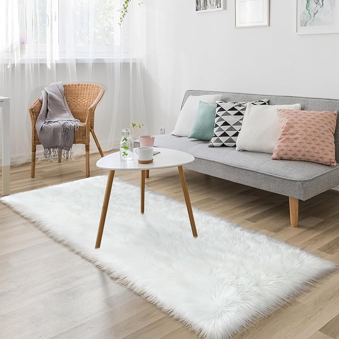 Fluffy White Faux Fur Rug Runner 2x6 ft, Soft Faux Sheepskin Rug White Furry - Image 8