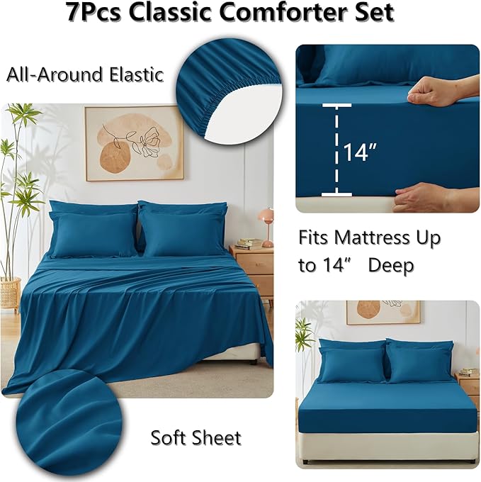 CozyLux Full Size Comforter Sets Teal - 7 Pieces Bed in a Bag Full, Luxury Soft Bed Set for All Seasons, Bedding Set with Down Alternative Comforter, Sheets, Pillowcases & Shams