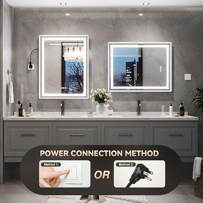 LED Bathroom Mirror, 24“x36“ Lighted Bathroom Mirror with Metal Framed, Extremely Bright LED Mirror for Bathroom, 3 Colors Dimmable, Anti-Fog, Memory, Wall Mounted Lighted Vanity Mirror