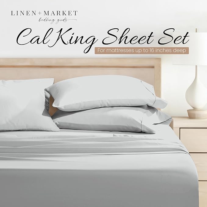 Linen Market Double-Brushed Microfiber California King Sheet Set 4 Piece – Oeko-TEX Certified Ultra Soft & Wrinkle-Free - 16" Deep Pocket Sheets Easy Care Cal-King Size - Light Gray