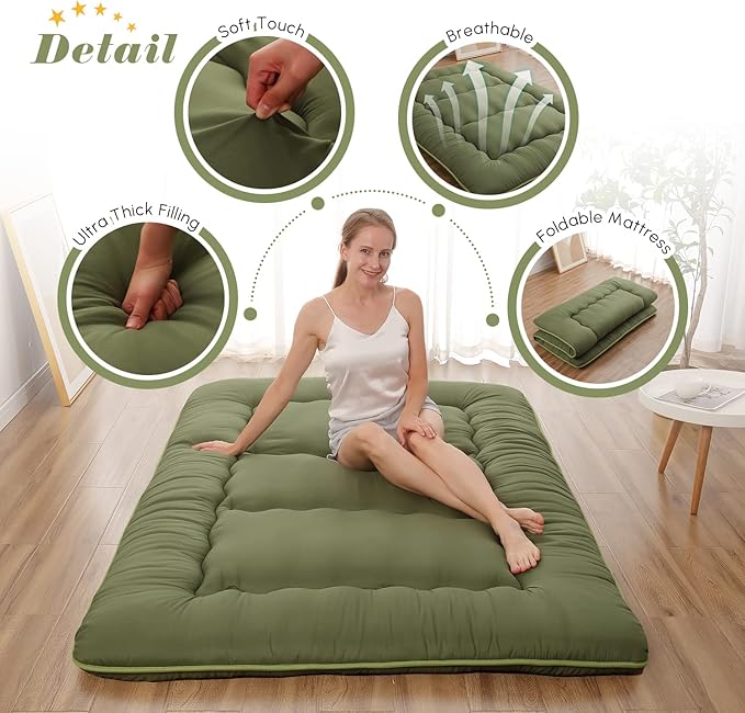 Japanese Floor Mattress, Futon Mattress with Portable Storage Bag and Washable Cover, Roll Up Thick Tatami Mat Suitable for Camping, Guest Room, Green, Full