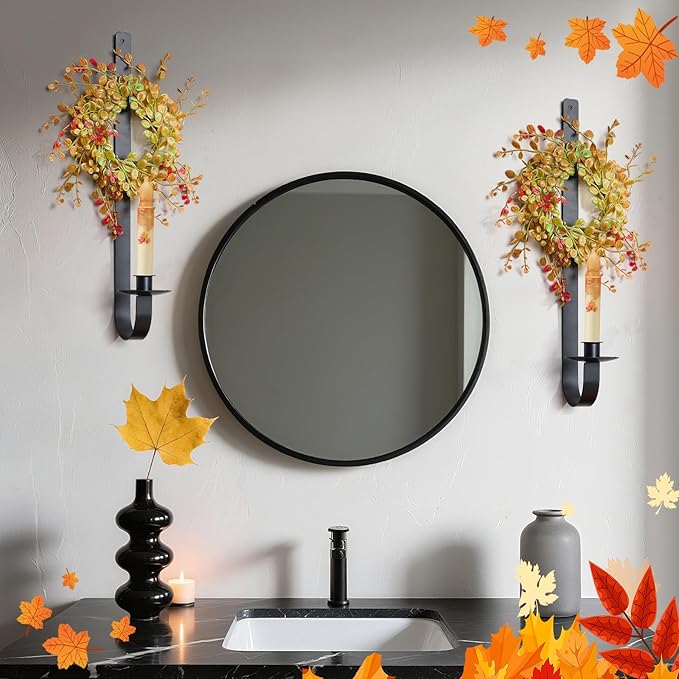 2 Set Rustic Wall Candle Sconces Holder Thanksgiving Fall Decor 18.5" Vintage Metal Wall Mount Candle Holder with Wreath for Farmhouse Living Room Indoor, Only Applicable to LED Candles