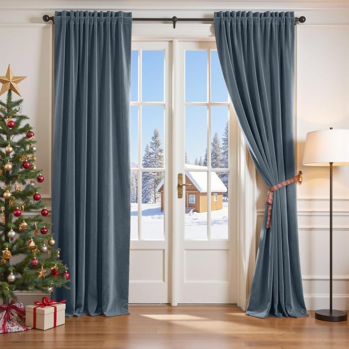 Lazzzy Velvet Blackout Curtains Thermal Insulated Room Window Drapes Super Soft Luxury Curtains for Living Room Bedroom Rod Pocket 2 Panels, Dark Slate, 52" W x 108" L
